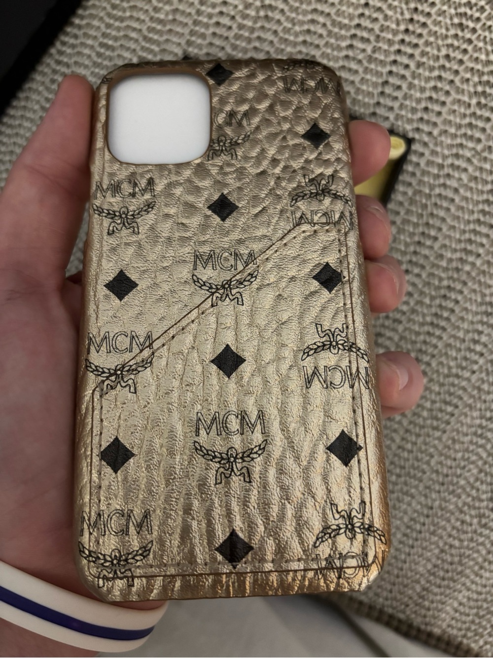 MCM Gold Metallic Logo iPhone Case with Black Monogram
